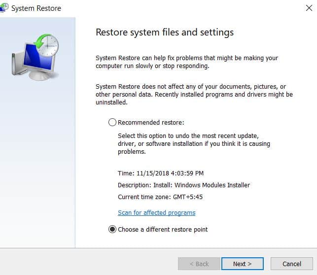 Choose a Restore point
