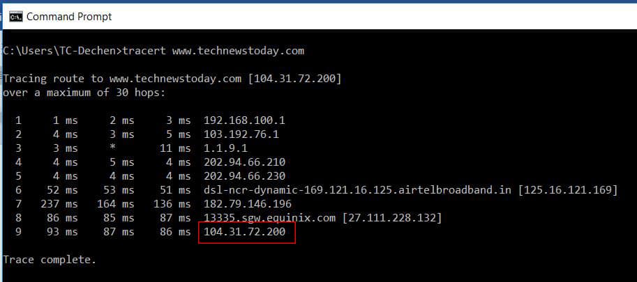 Trace Route to find IP address of a Website