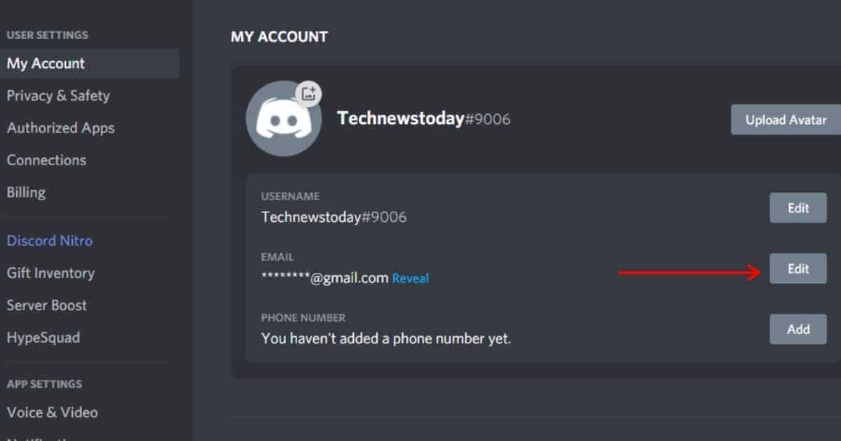 In the account section of Discord, click on edit next to the email option. on edit