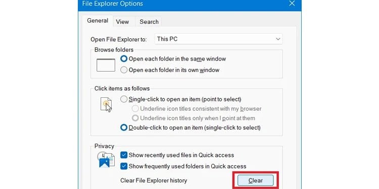 File Explorer Option Clear Privacy