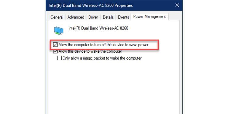 Uncheck Wireless Power Management Settings