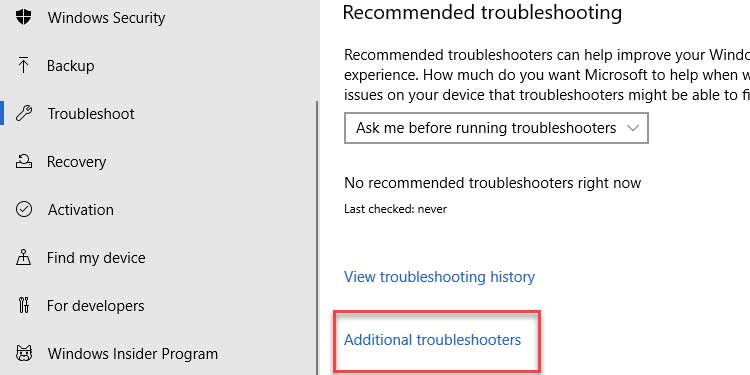 Windows additional troubleshooters