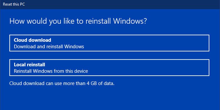 Reset This PC Windows Local Reinstall Cloud Download Option