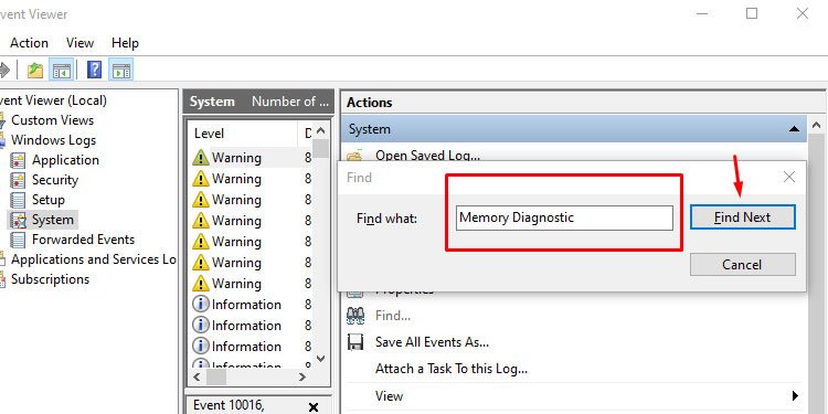Windows Find Action Memory Diagnostic