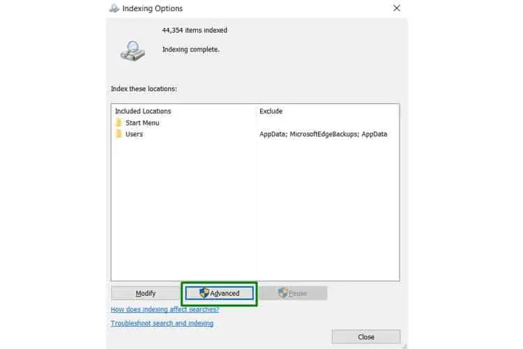 How to Fix Start Button Not Working Windows 67 Advanced-Indexing-Options