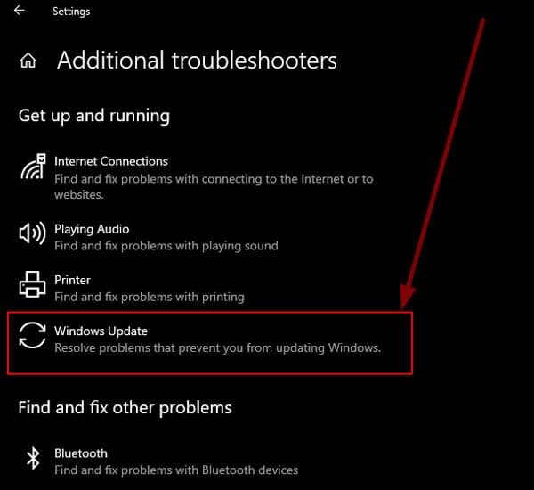 Additinal Troubleshooter Windows Update
