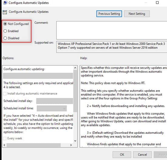 Configure Automatic Updates Options