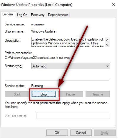 Windows Update Properties Tab