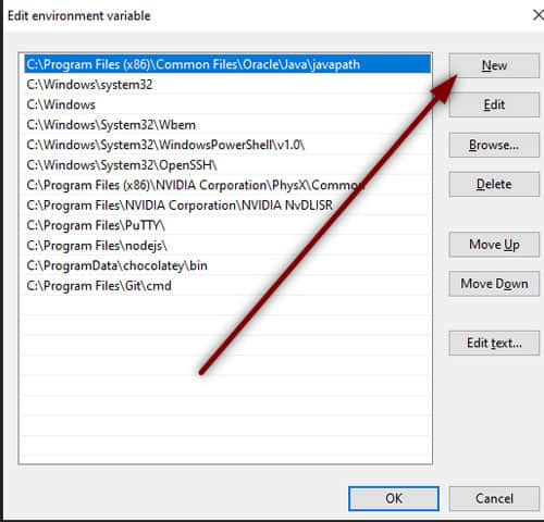 edit environment variable new