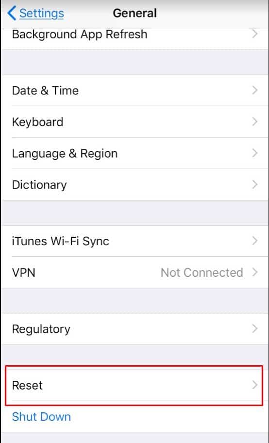 iphone settings select reset