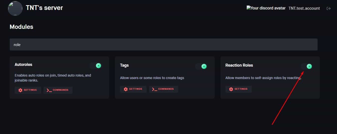dyno dashboard enable reaction roles module