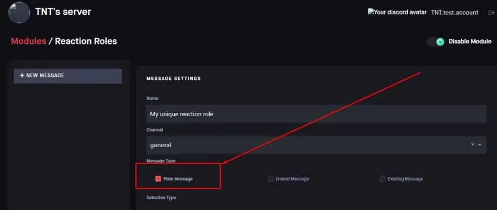 How to Make Reaction Roles on Discord 90 dyno-dashboard-select-plain-message-1024x434