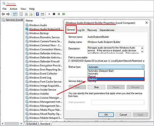 How to Fix Audio Service Not Running 40 windows-audio-endpoint-builder-properties-startup-type-disabledd