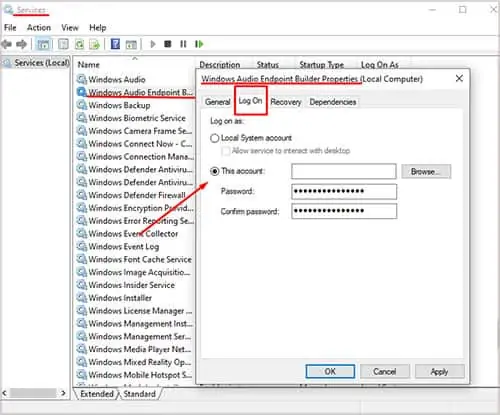 How to Fix Audio Service Not Running 41 windows-audio-endpoint-builser-propetries-account