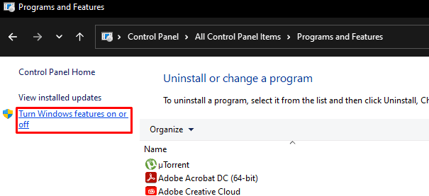 turn windows feature on or off