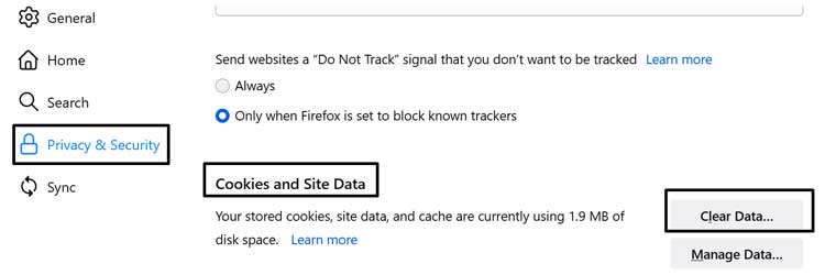 Clear Data on Firefox