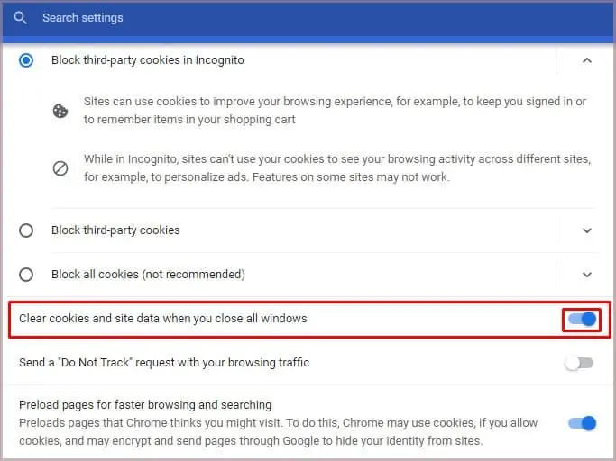 Google Chrome Not Saving Passwords - 13 Ways To Fix It 36 clear-cookies-and-site-data-when-you-close-windows