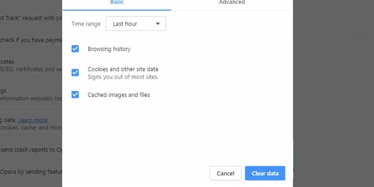 clear data on opera