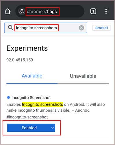 enable incognito screenshots
