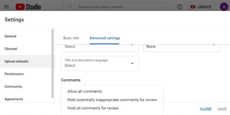 upload default section youtube