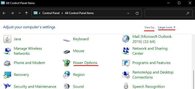 power option control panel