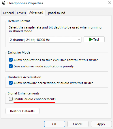 disable audio enhancement