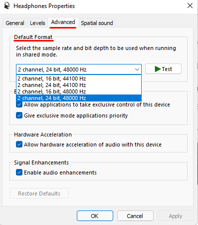 default audio format
