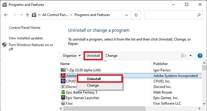 Uninstall Adobe CC from Control Panel