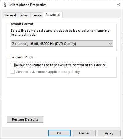 disable allow applications to take exclusive control of device