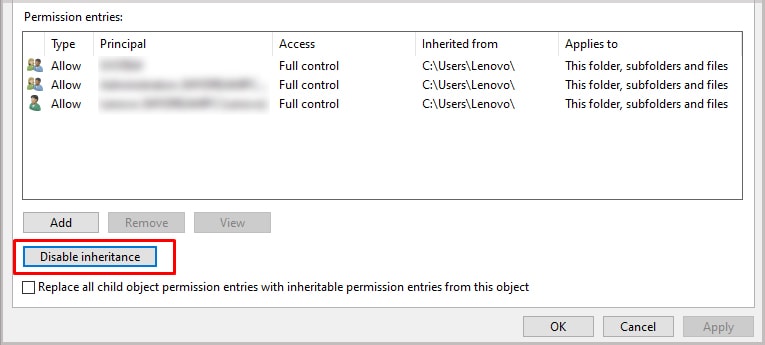 disable-inheritance