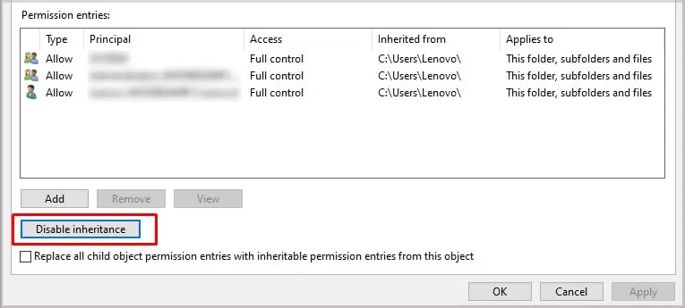 disable-inheritance