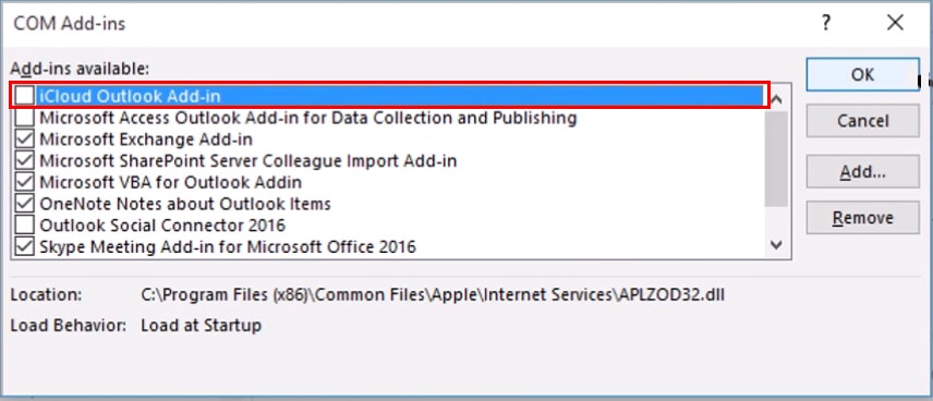 how to remove icloud outlook add in