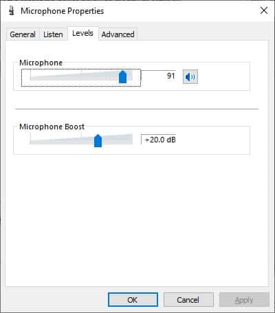 microphone properties volume and boost