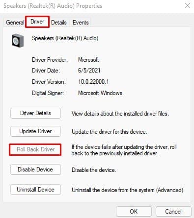 roll back audio driver
