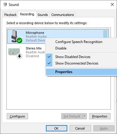 sound options microphone properties