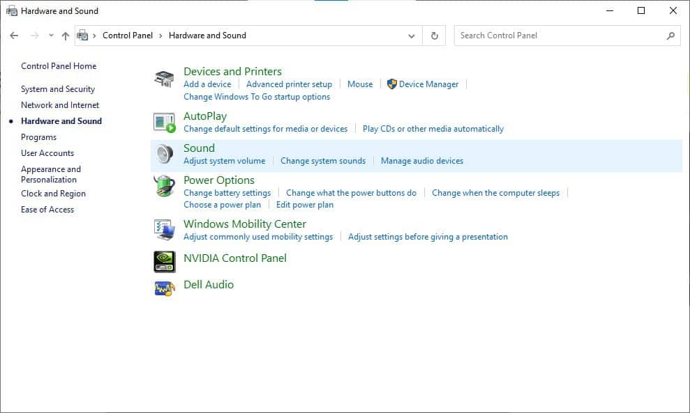 sound settings control panel