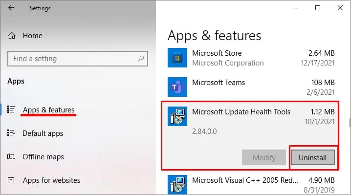 uninstall-microsoft-update-health-tools-from-settings
