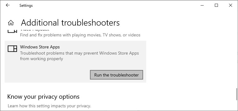windows store troubleshooter