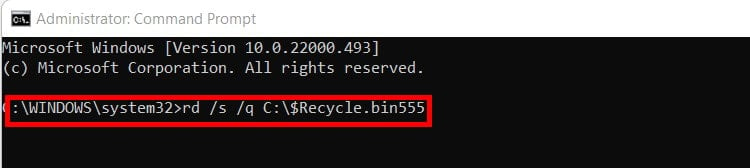 Command Prompt command to reset recycle bin