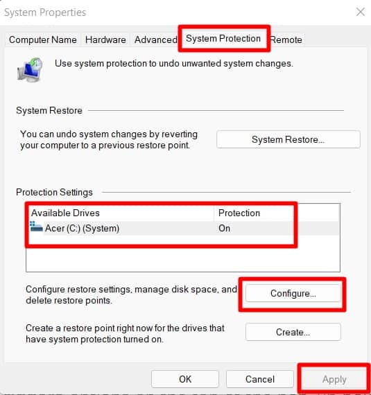 Create a restore point pop up box