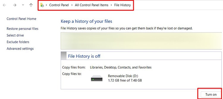 File History Turn on Procedure