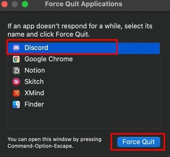 Force Quite Application of Discord in Mac
