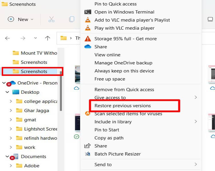Open restore previous version settings