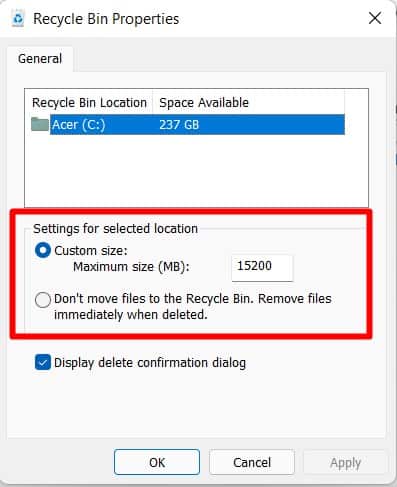 Recycle Bin Properties