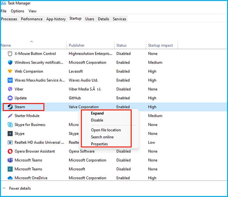 Startup task manager section