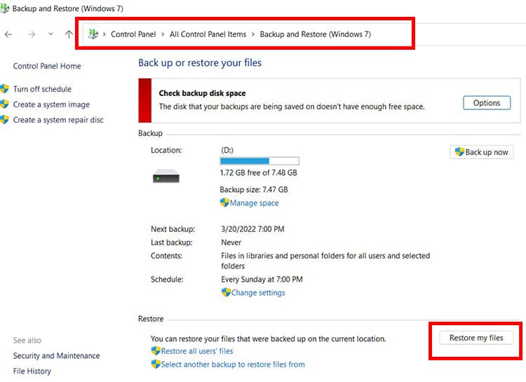 Windows Back up Section in Control Panel