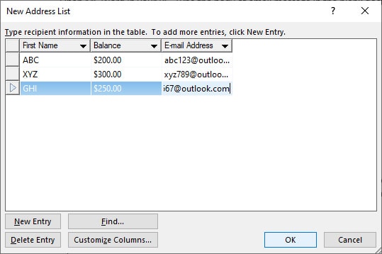 address list entries