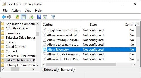 allow telemetry local group policy editor