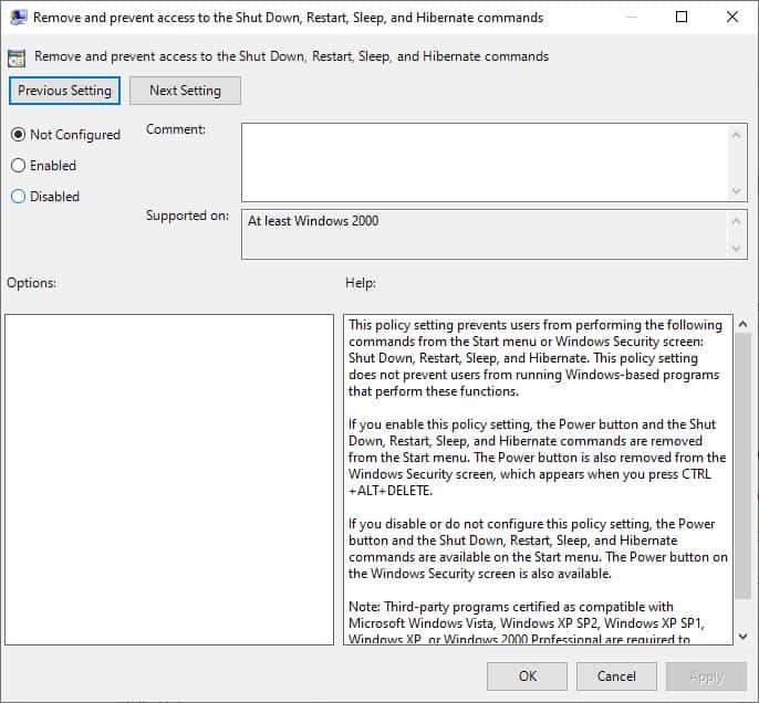 configuration show hide power options