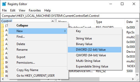 create new dword registry